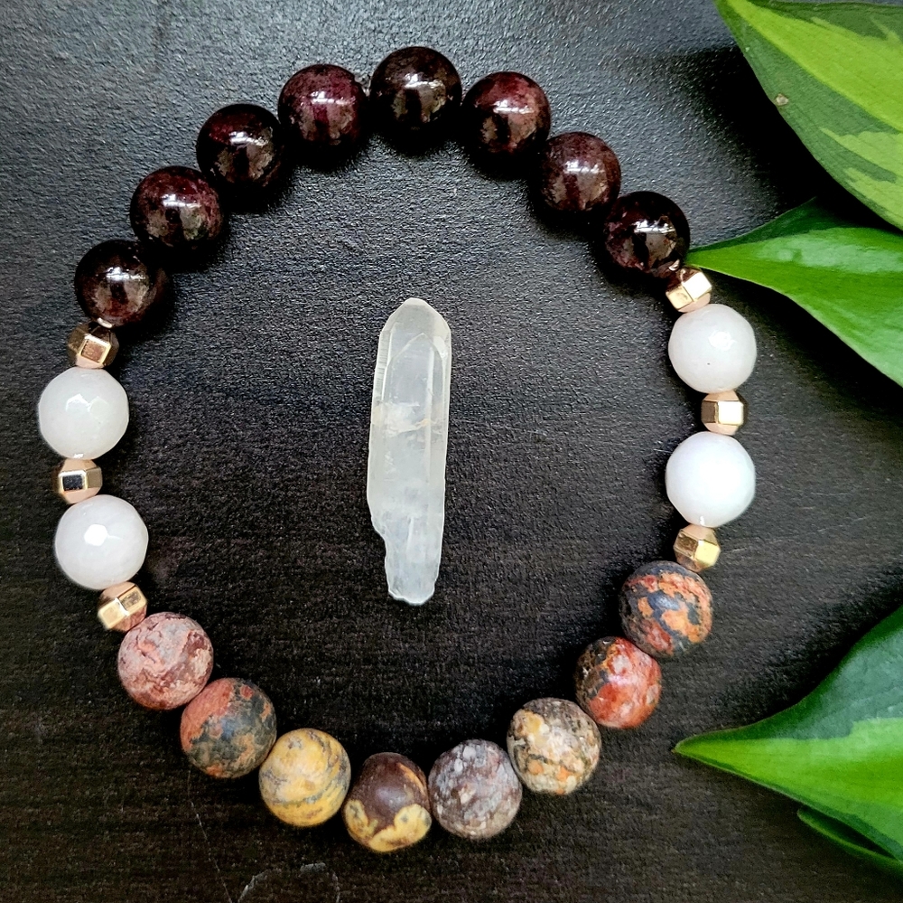 Garnet, Leopardskin Jasper, & Gray Jade Bracelet